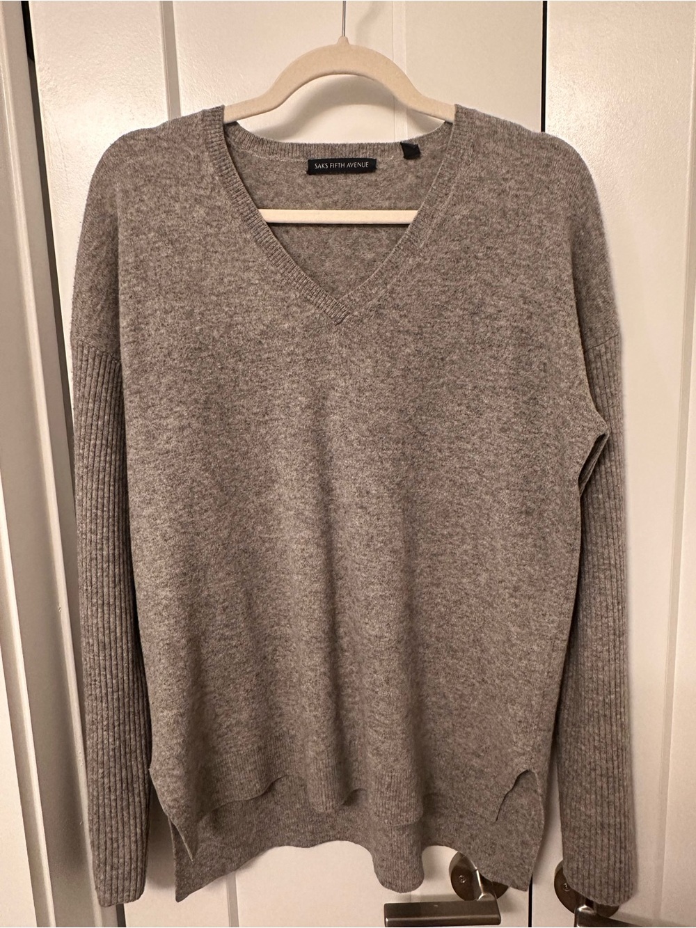 Saks Fifth Avenue Grey V-Neck Wool Sweater